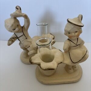 Vintage Pair of Coventry Ware Chalkware Dutch Boy & Girl Bud Vases